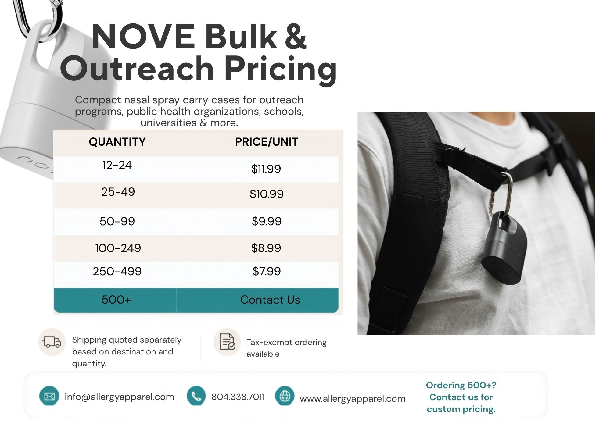 NOVE bulk and outreach pricing for nasal spray carry cases from Allergy Apparel